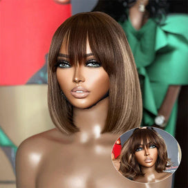 Élégant Pour Débutants Glueless Highlight Bob Perruque Avec Frange Cheveux Humains Lisse