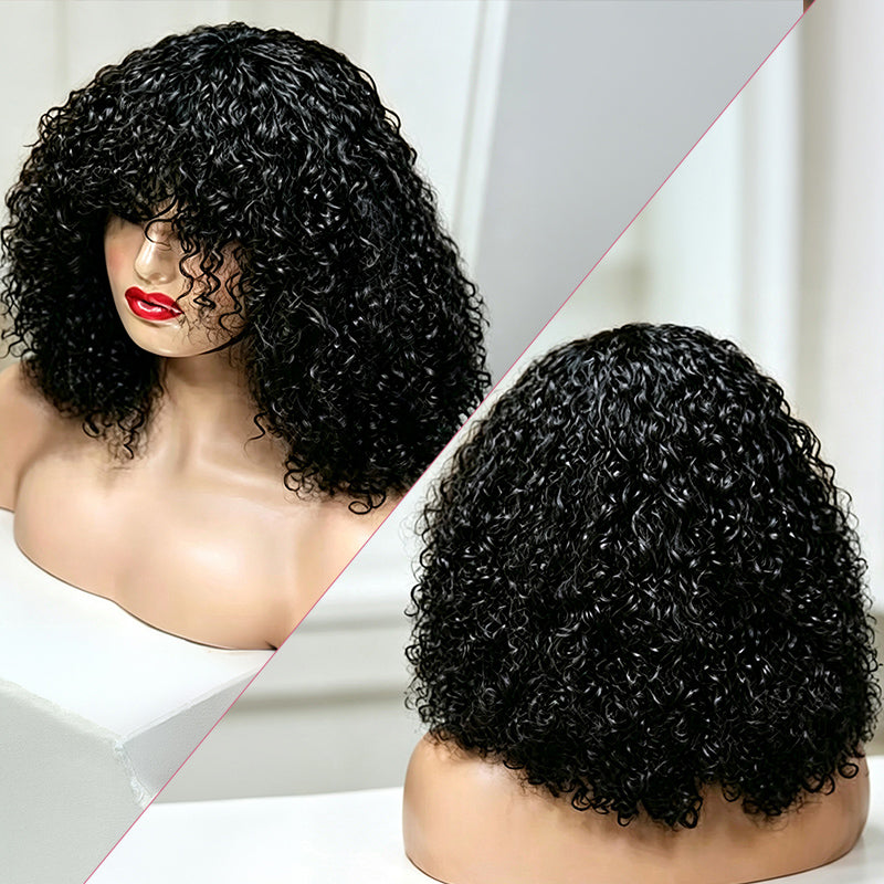 Bob Kinky Curly 300% Densité Avec Frange Perruque Glueless 100% Cheveux Humains