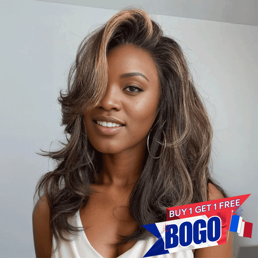𝑩𝒖𝒚 1 𝑮𝒆𝒕 1 𝑭𝒓𝒆𝒆💥 13x4 Glueless Couche Couleur Brun Foncé Avec Reflets Blonds Perruque Sans Colle