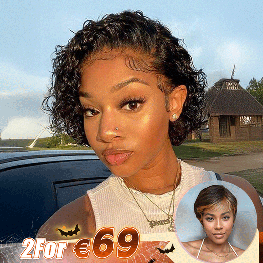 2 𝑭𝑶𝑹 €69🔥Perruque 13×1 Lace Pixie Cut Bouclée +Noir/ Blonde Mélangé Noir/#4-27 Pixie/Ombre Blonde Pixie