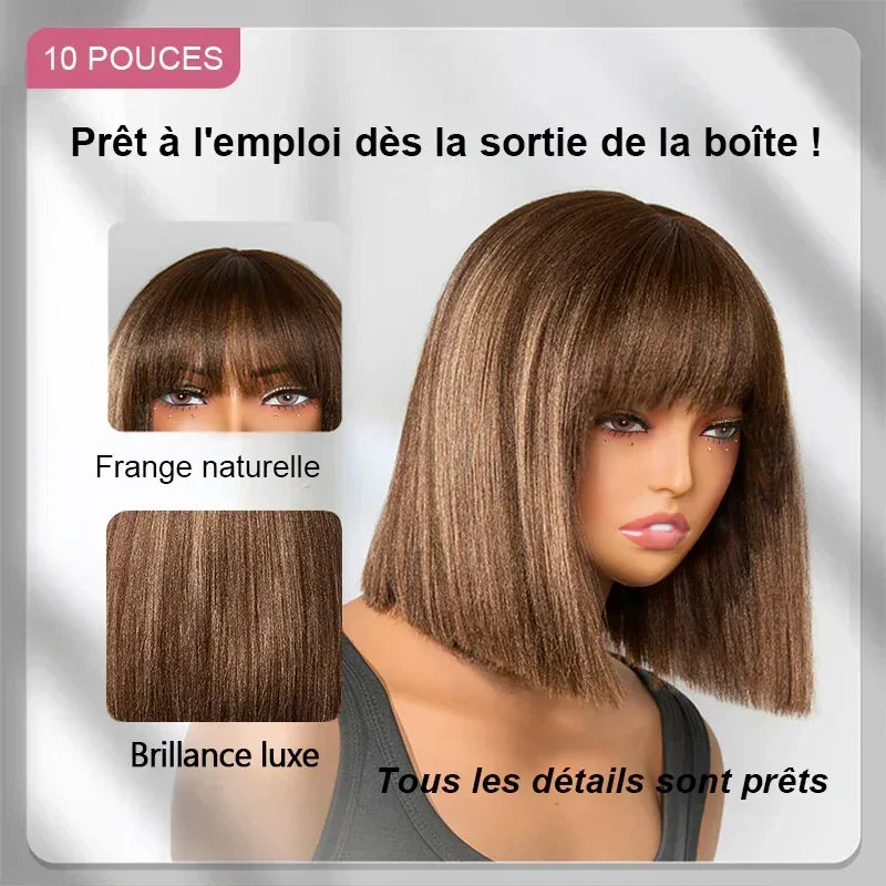 Brown Colored Bob wig with bangs Smooth 200% density