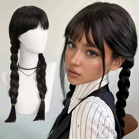 🎃Glueless Perruque Synthétique Longue Et Raide Noire Tressée Avec Frange Personnage De Mercredi Addams Pour Cosplay