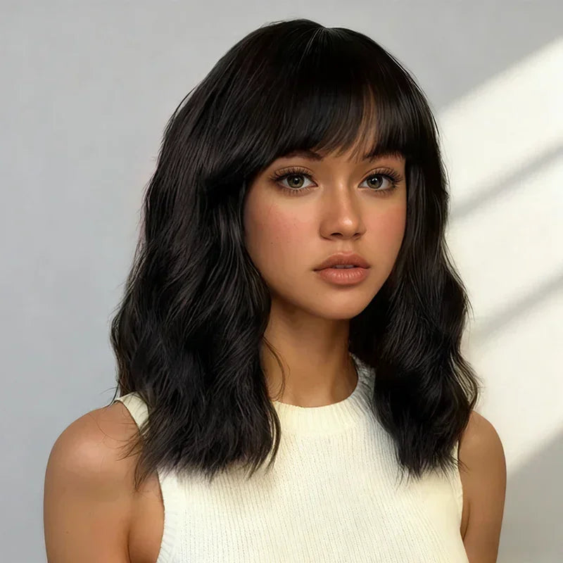 Bob Curly Wig with Bangs Black #4/27 Color 200% Density
