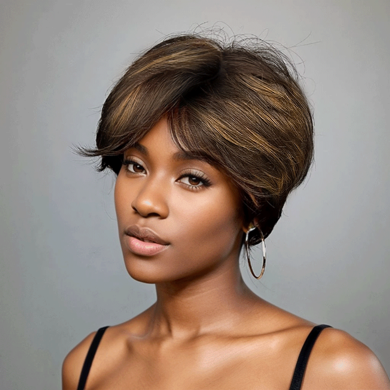 Une Beauté Sans Effort Glueless Couleur #4-27 Mèches Brunes Highlight Pixie Court Lisse Perruque Sans Colle