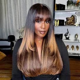 Brillant Glueless Couche Sans Nœud Couleur Highlight 4x4 Perruque Sans Colle Lisse Avec Frange