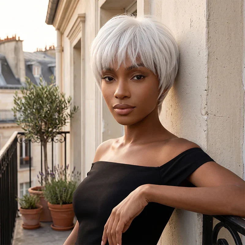 Perruque Pixie Bob Lisse Blanc Argenté Glueless Sans Colle 100% Cheveux Humains