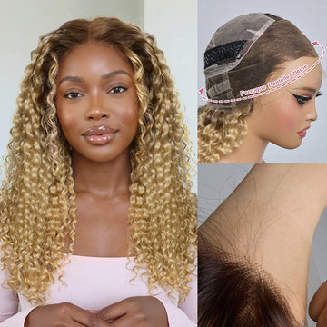 18 Pouces HD Full Lace Perruque Fait à La Main Kinky Curly Racines Brunes Se Fondant Dans Du Blonde
