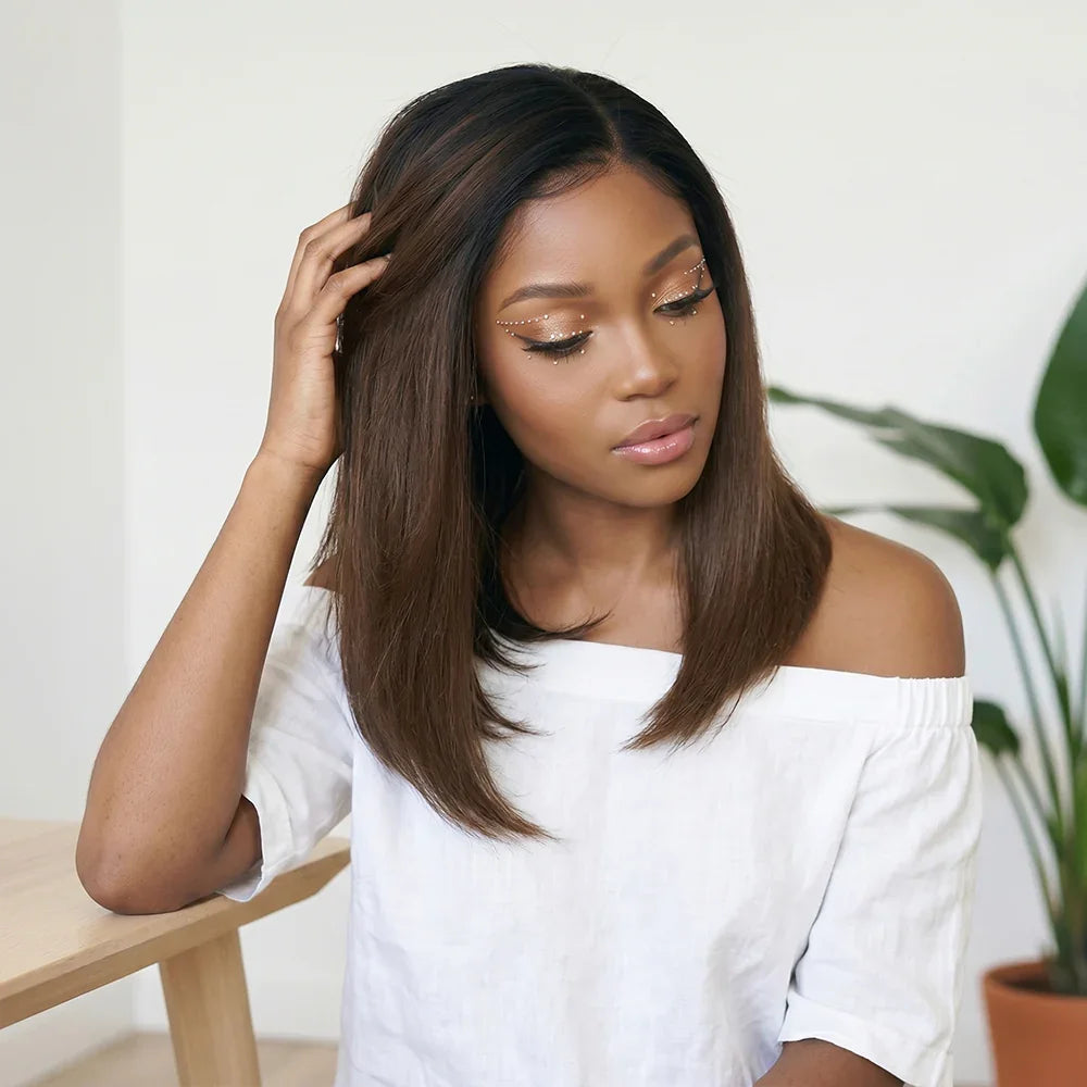 Perruque Bob Ombré Glueless 9x6 Racines Noires & Dégradé Marron Super Double Drawn Sans Colle