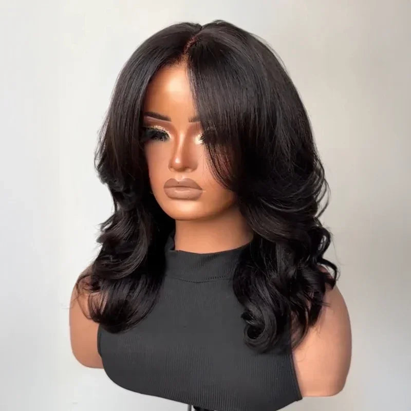 Chic Glueless 4x4 Perruque Sans Colle Avec Frange Rideau Cheveux Humains Ondulé