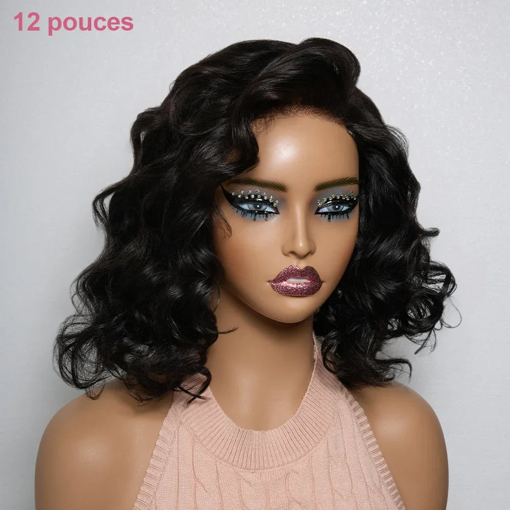 Bob Glueless 4x4 Effet Décoiffé Noir Naturel Perruque Ondulée aux Épaules
