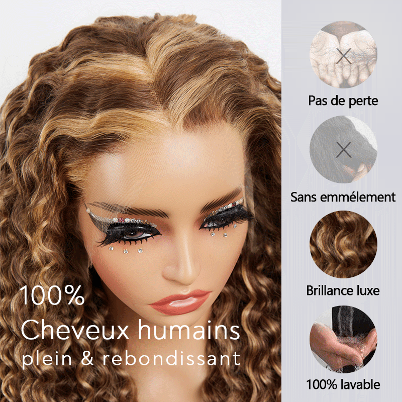 13x4 Glueless Parting Max & 360 Dentelle Frontale Perruque Couleur Mélangé #4/27 Bouclé