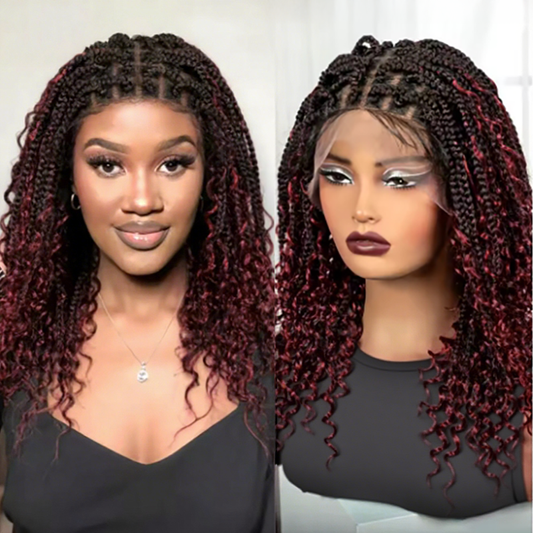 Perruque Tressée Bohème Couleur Ombre 99J En Dentelle Intégrale Avec Cheveux Bébé Synthétique 300% Densité