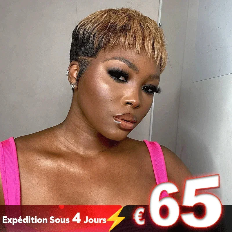 𝐄𝐱𝐩𝐞́𝐝𝐢𝐭𝐢𝐨𝐧 𝐬𝐨𝐮𝐬 𝟒 𝐣𝐨𝐮𝐫𝐬⚡Stylish Coupe Pixie Courte Couleur Blond Miel Avec Racines Foncées Perruque Bob Sans Colle