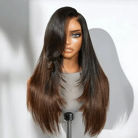 Glueless Couche Ombre Brun Effet Volume Yaki Lisse 7x4 Perruque Sans Colle Casquette Réglable