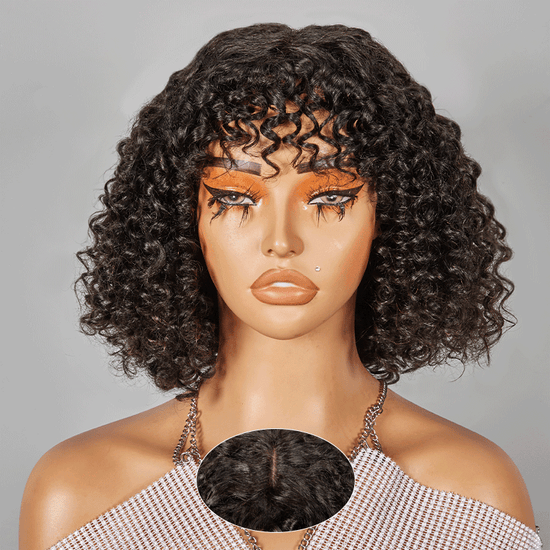 Glueless Bob Perruque Sans Colle Avec Frange Water Curly Texturé Cheveux Humains - SHINE HAIR