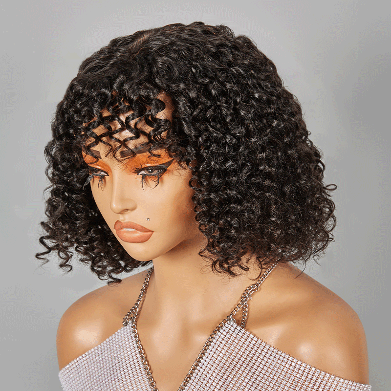 Glueless Bob Perruque Sans Colle Avec Frange Water Curly Texturé Cheveux Humains - SHINE HAIR