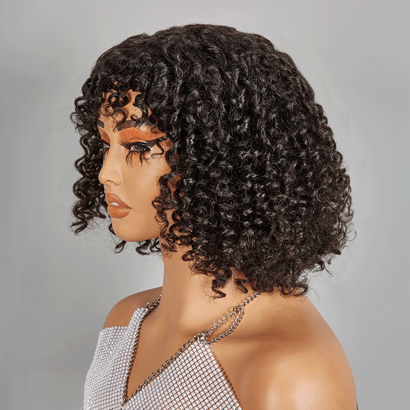 Glueless Bob Perruque Sans Colle Avec Frange Water Curly Texturé Cheveux Humains - SHINE HAIR