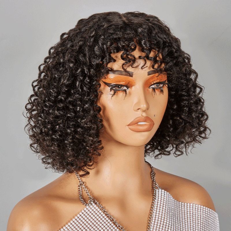 Glueless Bob Perruque Sans Colle Avec Frange Water Curly Texturé Cheveux Humains - SHINE HAIR