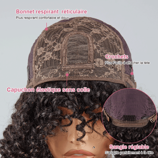 Glueless Bob Perruque Sans Colle Avec Frange Water Curly Texturé Cheveux Humains - SHINE HAIR