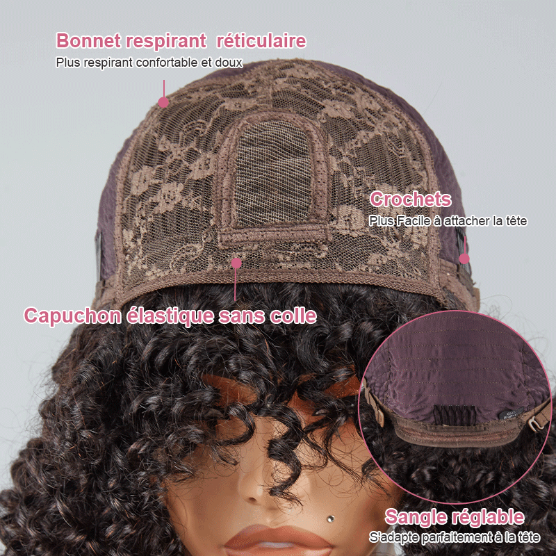 Glueless Bob Perruque Sans Colle Avec Frange Water Curly Texturé Cheveux Humains - SHINE HAIR