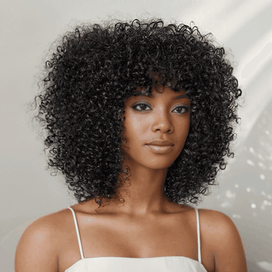 Glueless Coupe Loup Hirsute Bob Perruque Courte Afro Bouclée Sans Colle Avec Franges - SHINE HAIR