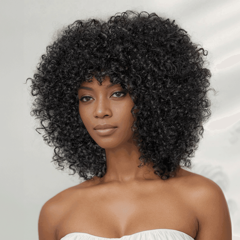 Glueless Coupe Loup Hirsute Bob Perruque Courte Afro Bouclée Sans Colle Avec Franges - SHINE HAIR