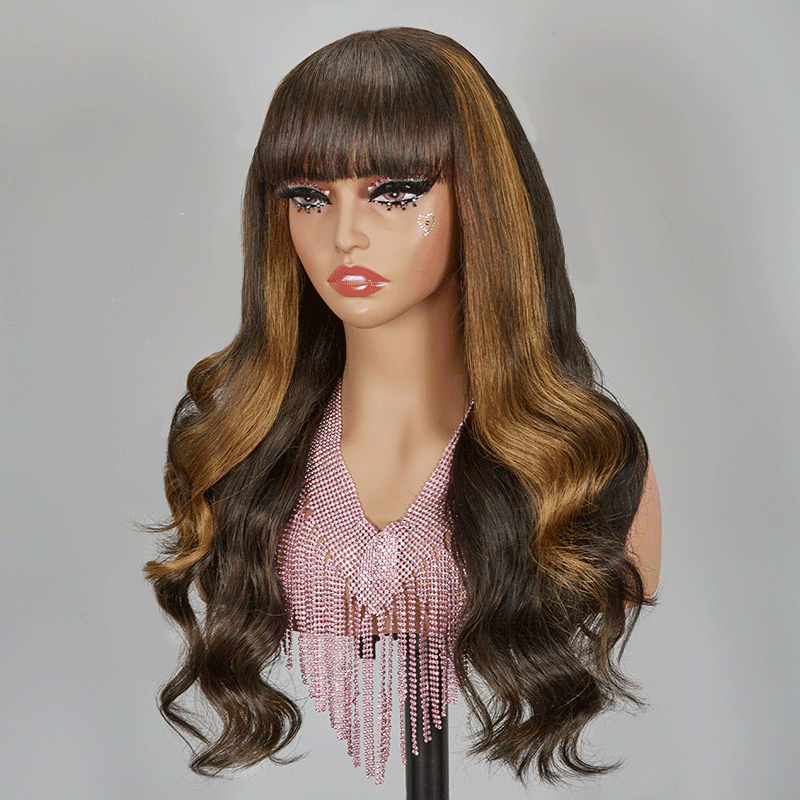Glueless Marron Highlight Perruque Sans Colle à Frange Brésilien Body Wave - SHINE HAIR