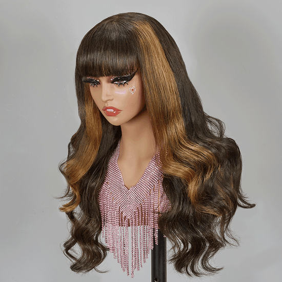 Glueless Marron Highlight Perruque Sans Colle à Frange Brésilien Body Wave - SHINE HAIR