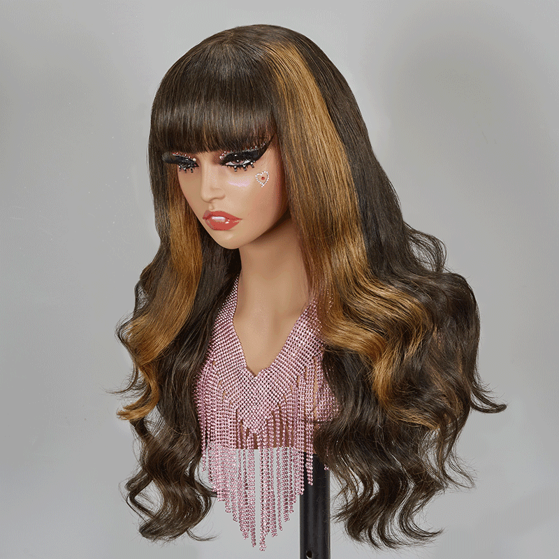 Glueless Marron Highlight Perruque Sans Colle à Frange Brésilien Body Wave - SHINE HAIR
