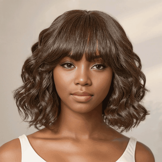 Glueless Mignon Couleur Marron Loose Wave Perruque Bob Sans Colle Avec Franges - SHINE HAIR