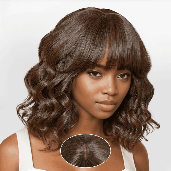 Glueless Mignon Couleur Marron Loose Wave Perruque Bob Sans Colle Avec Franges - SHINE HAIR
