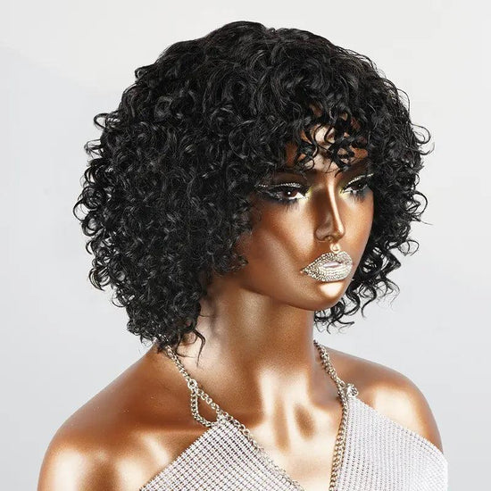 Glueless Naturel Ludique Boucles Court Bob Perruque Sans Colle Avec Franges Bouclées - SHINE HAIR