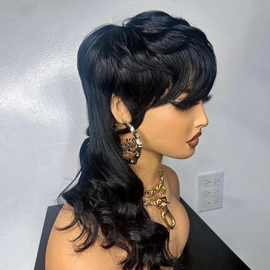 Glueless Perruque sans colle Mullet Body Wave Wigs With Bangs Cheveux Humains - SHINE HAIR