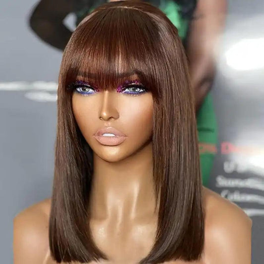 Marron Coloré Bob perruque avec frange Lisse 200% densité - SHINE HAIR