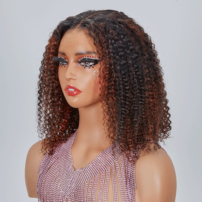 Nouveau 9x6 Glueless Marron Highlight Kinky Curly Bob Perruque Sans Colle - SHINE HAIR