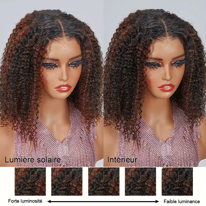 Nouveau 9x6 Glueless Marron Highlight Kinky Curly Bob Perruque Sans Colle - SHINE HAIR