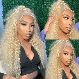 𝐋𝐚𝐬𝐭 𝟏 Perruque 13x6 frontale Couleur #613 Blonde Curly Wave Bouclé Cheveux Humains