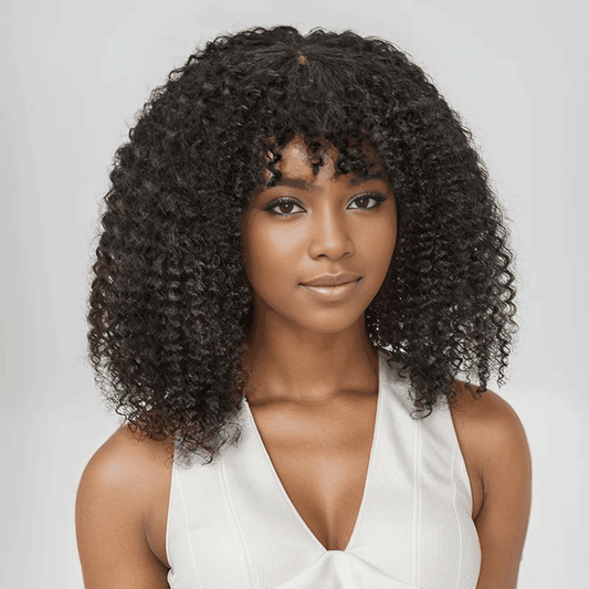 Pour Débutants Glueless Kinky Curly Bob Perruque Sans Colle Avec Frange - SHINE HAIR