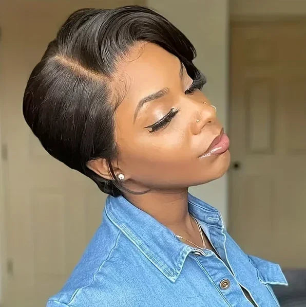 𝐏𝐫𝐞̂𝐭 𝐞𝐧 𝟐𝟒𝐡⚡Montage Facile Rapide Perruque Noir Coupe Pixie 13x4 Dentelle Lisse Cheveux Humains